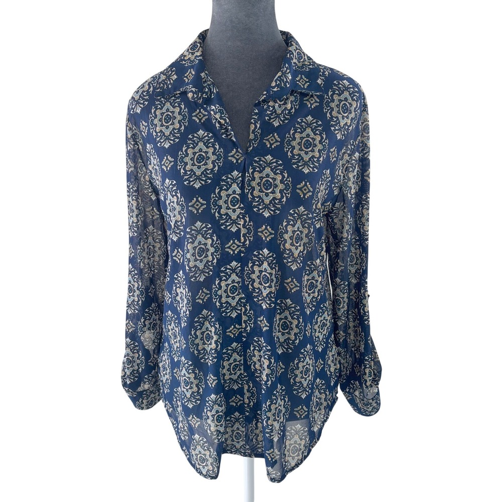 Eden & Olivia Romantic Boho Blue Geometric Print Sheer Knit Pullover Size S